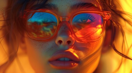 Close-up portrait of a woman with orange tinted sunglasses reflecting sunset