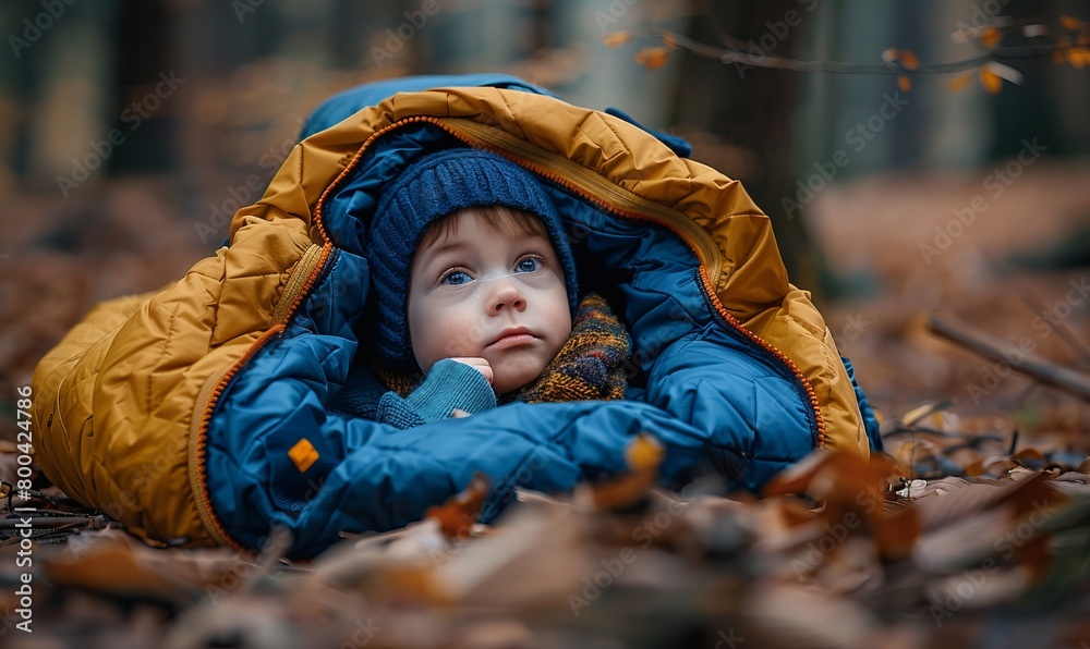 Wall mural a toddler rubs his eyes as he emerges from his sleeping bag while camping, shallow focus