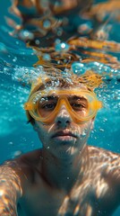Fototapeta premium person in yellow swimming glasses and hat diving in pool water