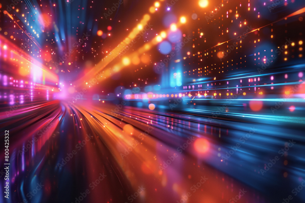 Fototapete A background with streaming lights that blur into horizontal lines, conveying the speed of digital data transfers,