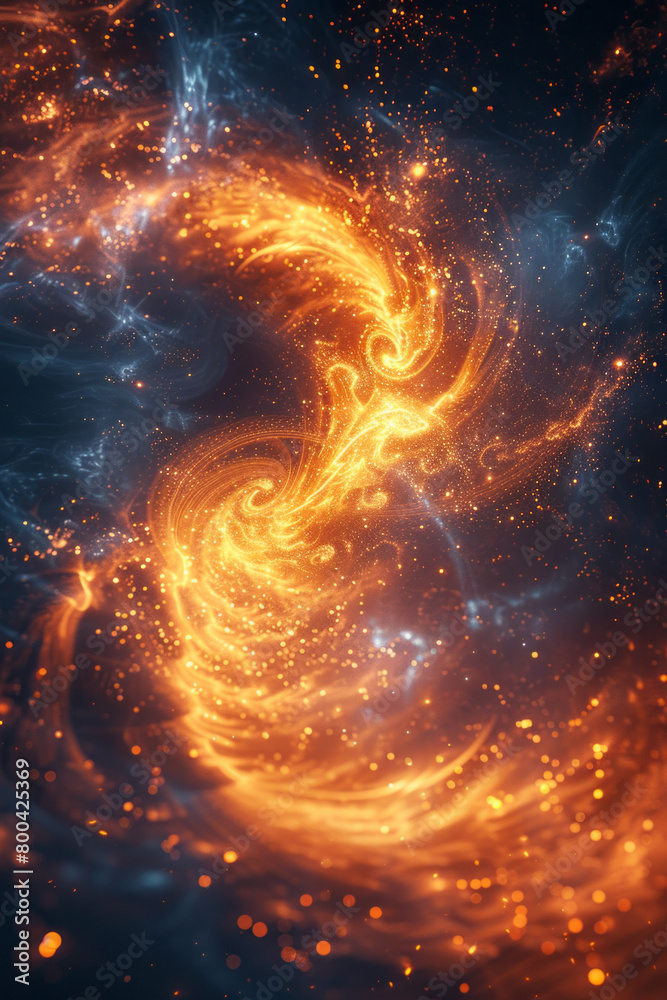 Poster an artistic depiction of a whirlwind made of light particles, illustrating the chaotic process of cr