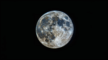 Detailed close-up of a full moon against a black background. Shot with long telephoto lens.