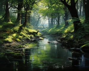 Sparkling silver stream flowing through a serene forest, capturing reflections and natural beauty