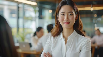 Fototapeta premium Asian Businesswoman on a team meeting in a modern office setting