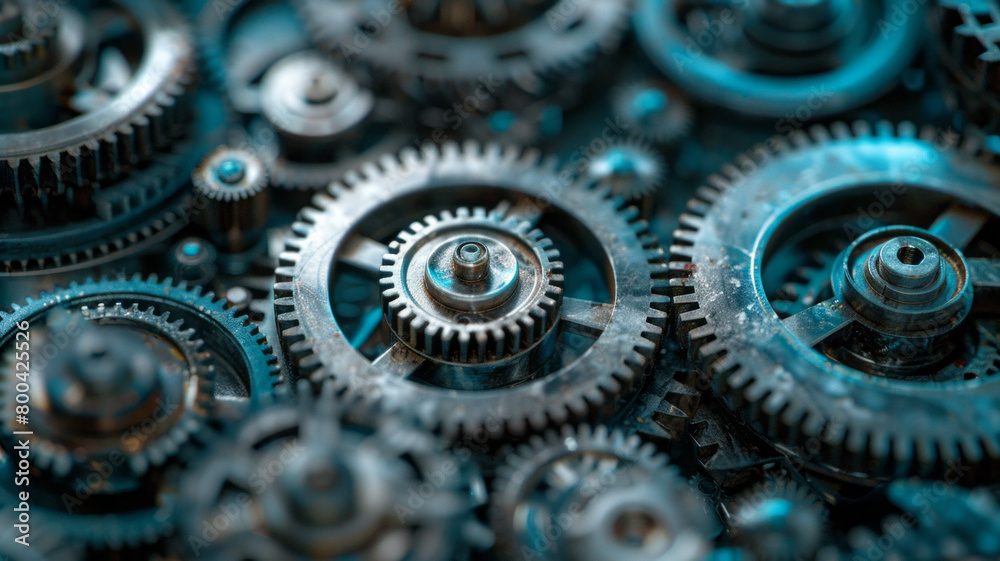 Aufkleber a background of interlocking gears and cogs in motion, painted in sleek metallic shades, symbolizing
