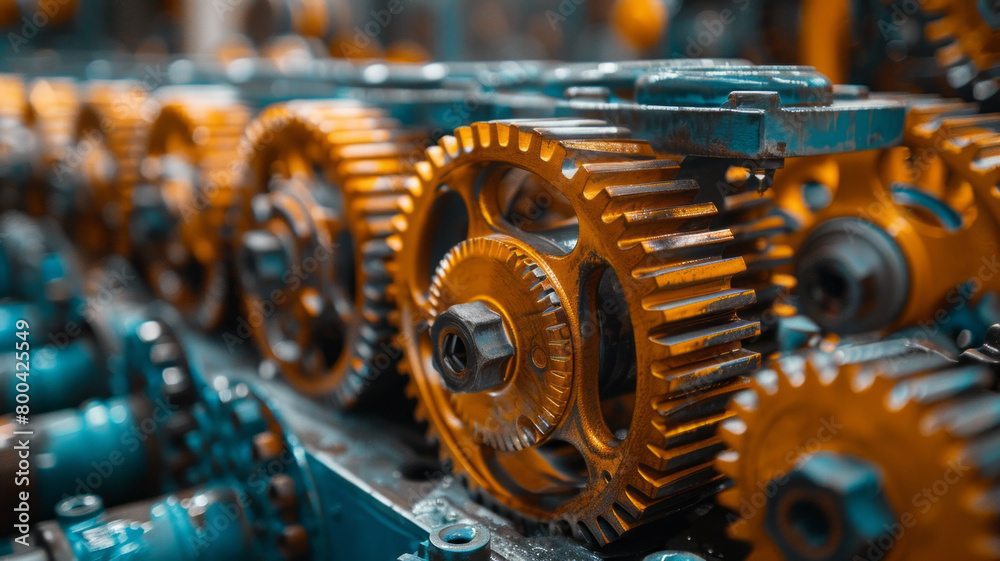 Aufkleber a background of interlocking gears and cogs in motion, painted in sleek metallic shades, symbolizing