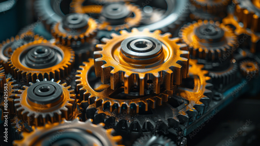 Poster A background of interlocking gears and cogs in motion, painted in sleek metallic shades, symbolizing industry and progress,