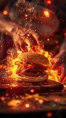 A burger is being cooked on a grill with flames surrounding it