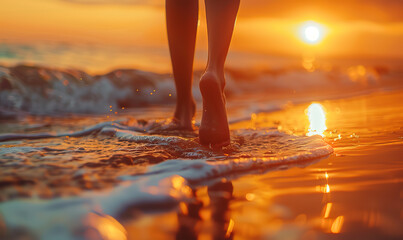 Close up of a woman's feet walking on the beach at sunset, a beautiful seascape with waves and golden light. Summer vacation concept