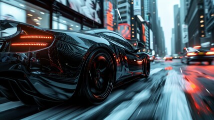 Urban street racing scene featuring sleek black matte sports cars, enhanced with a grunge overlay for a street racer concept. Presented in a dynamic 3D illustration. - obrazy, fototapety, plakaty