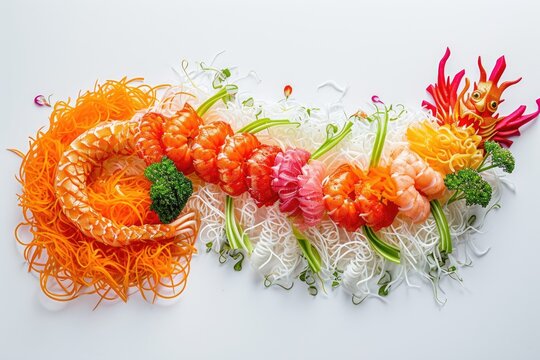 dragon shape yee sang lo hei salad on white background