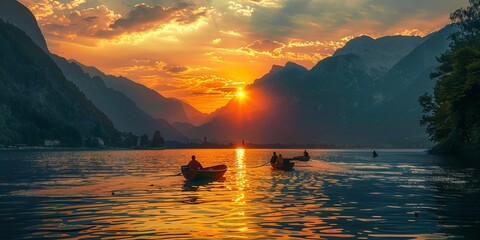People on boats during sunset on the lake