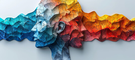 Waves of jigsaw puzzle pieces flow fluidly into multiple human profiles, symbolizing interconnectedness and collective thought - Powered by Adobe