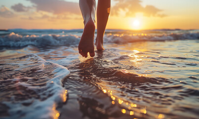 Close up of a woman's feet walking on the beach at sunset, a beautiful seascape with waves and golden light. Summer vacation concept