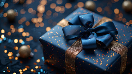 A beautifully wrapped blue box with a matching ribbon, scattered with golden glitters, evokes a sense of celebration