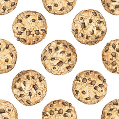 Seamless pattern with home made round chocolate chip cookies  isolated on white background. Watercolor hand drawn illustration..