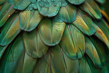Obraz premium A depiction of a bird's feather, where each barb is a different shade of green, symbolizing biodiversity and the fragility of ecosystems.