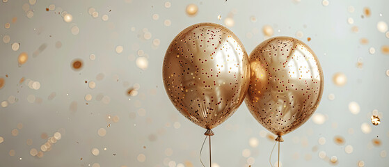 Two golden helium balloons surrounded by sparkling confetti depict celebration and festive mood, ideal for special occasions and parties