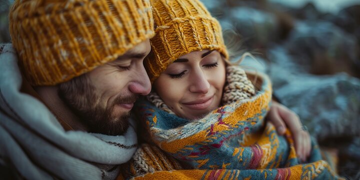 Close up of a couple cudding on a blanket