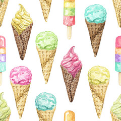 Seamless pattern with multicolor ice cream in waffle cone and on stick isolated on white background. Watercolor hand drawn illustration