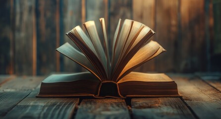 Close-up of an open book with fluttering pages on a rustic wooden table, bathed in the warm light of sunset - obrazy, fototapety, plakaty