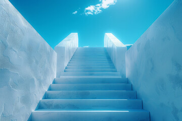 An abstract depiction of a staircase leading up to a bright, open sky, symbolizing limitless possibilities,