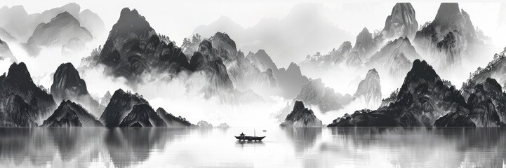 Obraz premium ink painting depicts misty mountains and rivers, with a boat in the distance on the water