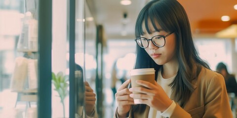 Asian woman drinking coffee in a cafe