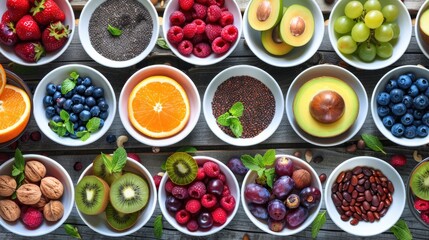 A variety of fresh fruits, nuts and seeds arranged in bowls on an old wooden table.