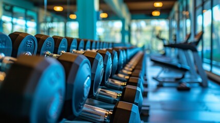 Dumbbells in the gym, where each row is organized by weight for easy access and effective workouts