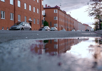 Close up of a wet city street
