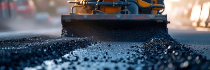 An asphalt paver expands the distribution of hot asphalt concrete mixture, street repairs in the city - obrazy, fototapety, plakaty