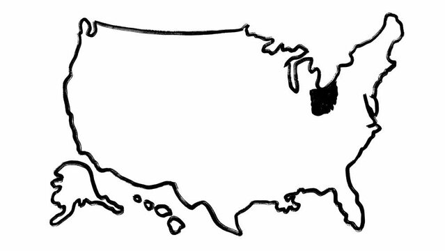Hand written map of America and highlighted Ohio filmed in isolated stop motion animation. Full stack of grunge style borders of the USA and one of districts. Scribble footage of territory of country.