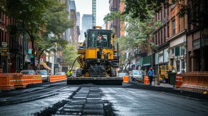 An asphalt paver expands the distribution of hot asphalt concrete mixture, street repairs in the...