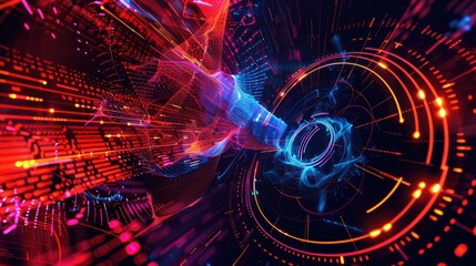 Abstract digital technology background with pulsating neon hues and swirling patterns
