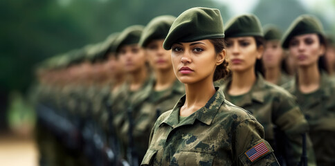 Group of  women in military uniforms, US flag patch on arm, standing at army ceremony or presentation. Generative AI