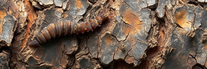 Small woodworm on the bark of a tree