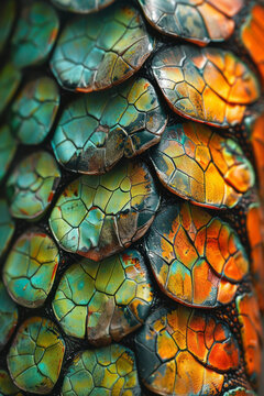 An enlarged image of lizard skin, highlighting the scales in vibrant colors for an exotic and textured appearance,