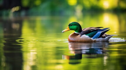 A serene image of a duck swimming with wings extended on a calm lake, with lush green foliage in the background