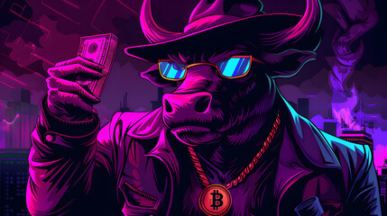 cyberpunk bull illustration successful crypto trading gold necklace Bitcoin symbol background copy space