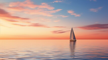 A tranquil seascape featuring a sailboat sailing at sunset, with soft orange and pink clouds above and peaceful ocean waves below