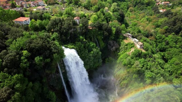 Waterfall scenery . Cascate delle Marmore - biggest artificial waterfall in Europe. Umbria, Italy. aerial drone 4k hd video