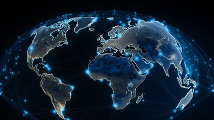 Advanced graphic of the earth with luminous country borders and network lines on a deep black background, showcasing global connectivity