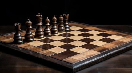 Aged wood chess board setup, dim overhead light, high angle, vivid clarity