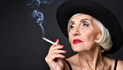 Obraz premium Old beautiful woman in her 70s with red lips gold necklace cigarette and black dress. Elegant aging and self love concept