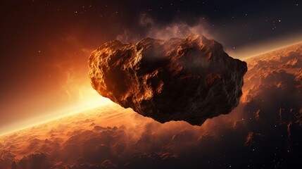 An ominous view of a dark asteroid silhouetted against a fiery sky, showcasing the global threat and urgency of spacebased dangers