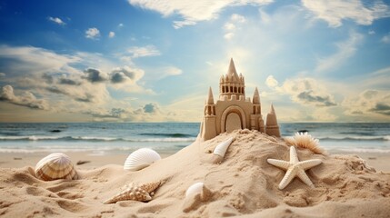 Artistic shot of a beautifully constructed sandcastle with seashell embellishments and a starfish, illustrating a peaceful and idyllic beach environment