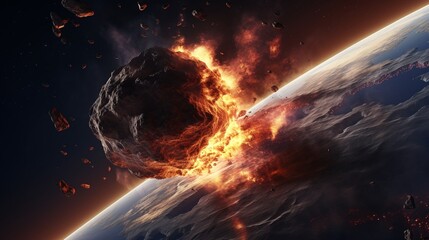 Cinematic scene of a large asteroid approaching Earth, with intense flames and smoke, capturing the critical moments before a catastrophic impact