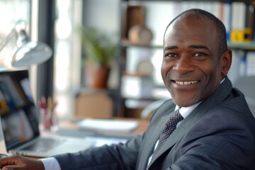 Portrait of mature successful adult African American businessman, boss smiling and looking at camera working inside office at workplace with laptop, satisfied investor financier behind, Generative AI