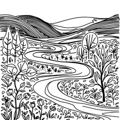 monochrome line art landscape illustration